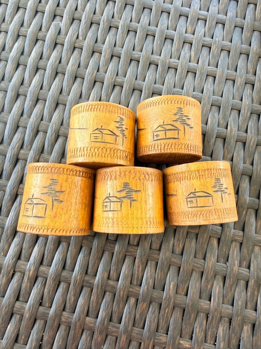 Carved Wood Napkin Rings in Warm Honey Brown Set of 5